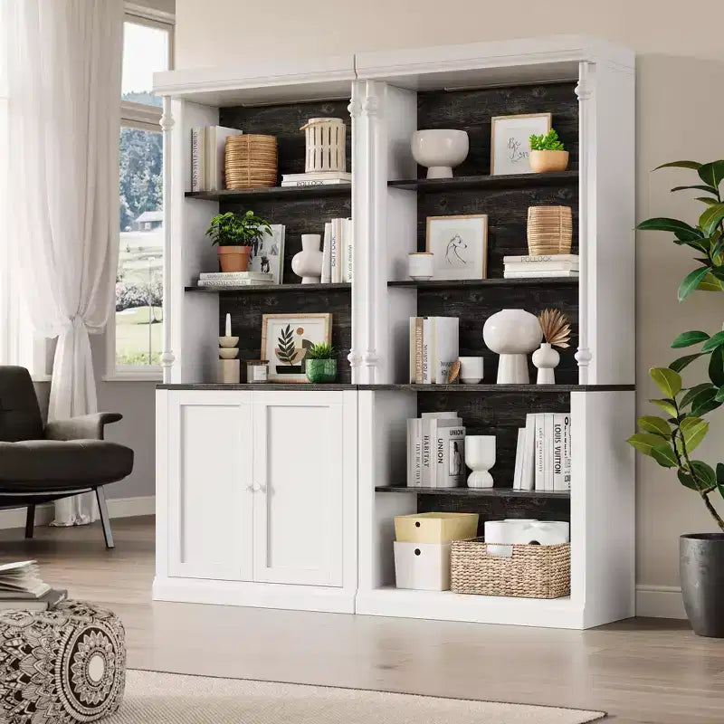 GustoWave 71 5-Tier Open Bookcase, Tall Roman Column Bookshelf with LED Lights, White & Black Wood Grain, Adjustable Shelves