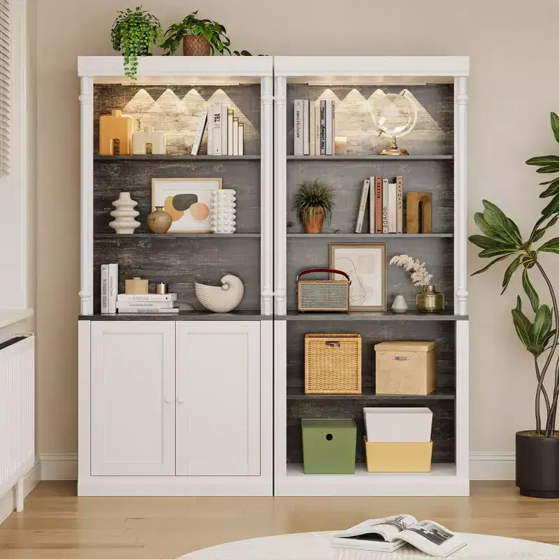 GustoWave 71 5-Tier Open Bookcase, Tall Roman Column Bookshelf with LED Lights, White & Black Wood Grain, Adjustable Shelves