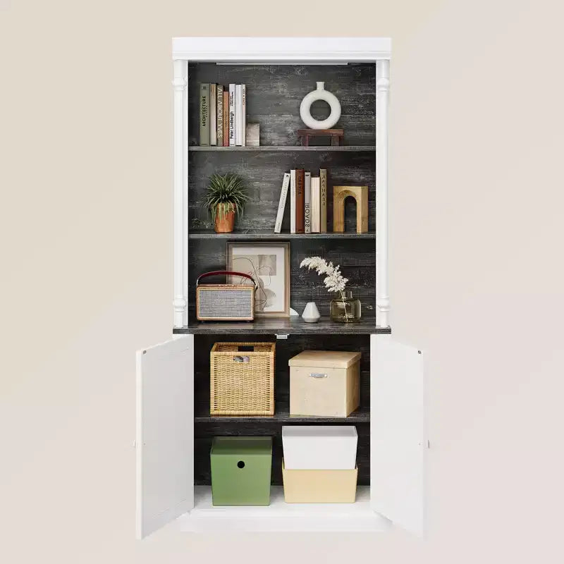 GustoWave 71 5-Tier Open Bookcase, Tall Roman Column Bookshelf with LED Lights, White & Black Wood Grain, Adjustable Shelves