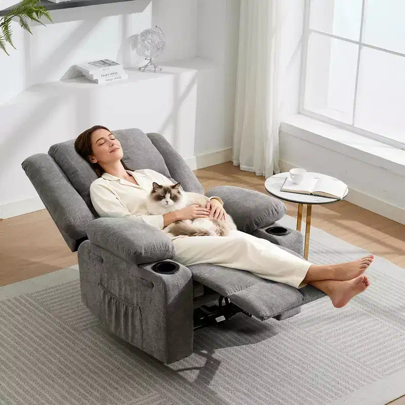 GustoWave Oversized Massage Recliner Chair with Heating for Adults, Fabric Manual Recliner Sofa with Side Pocket, Linen