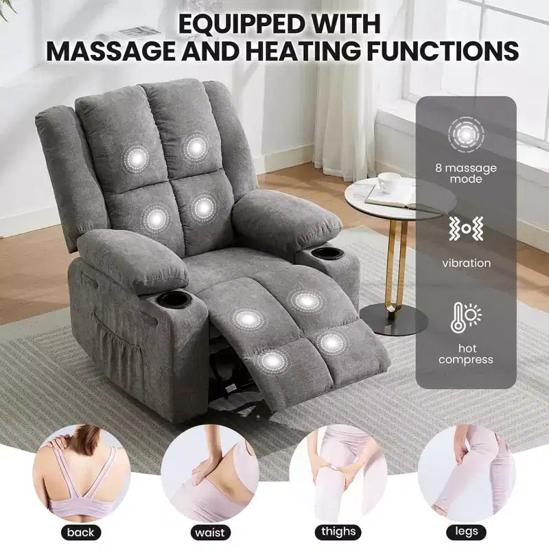 GustoWave Oversized Massage Recliner Chair with Heating for Adults, Fabric Manual Recliner Sofa with Side Pocket, Linen