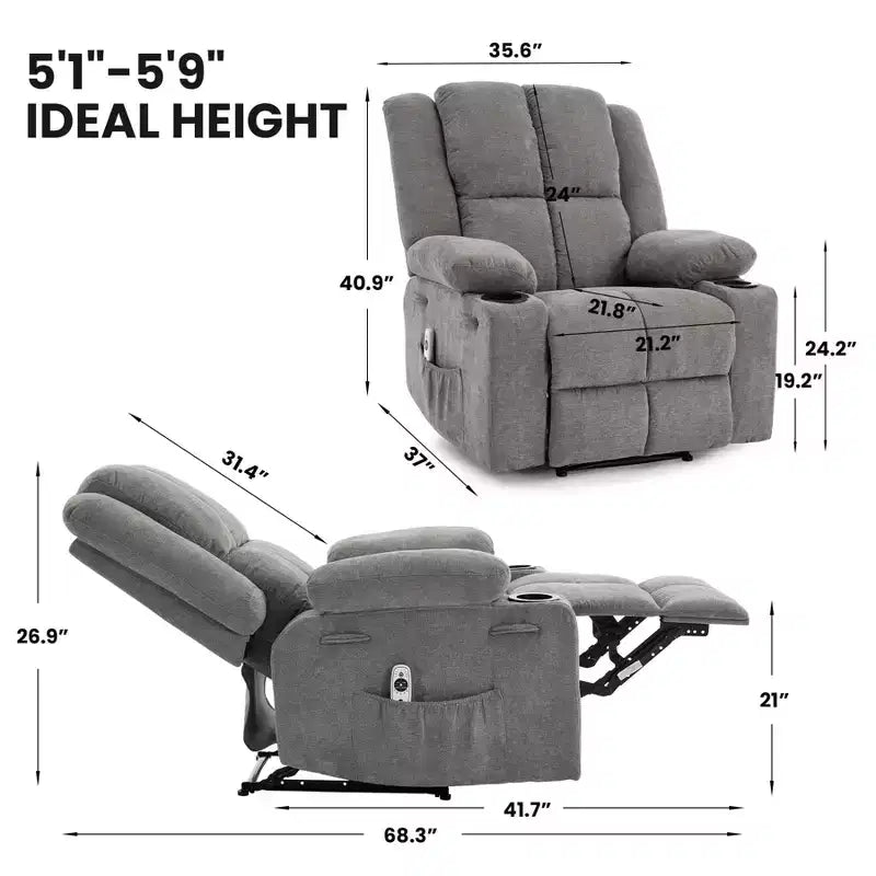 GustoWave Oversized Massage Recliner Chair with Heating for Adults, Fabric Manual Recliner Sofa with Side Pocket, Linen