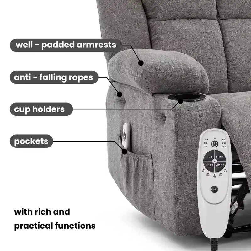 GustoWave Oversized Massage Recliner Chair with Heating for Adults, Fabric Manual Recliner Sofa with Side Pocket, Linen
