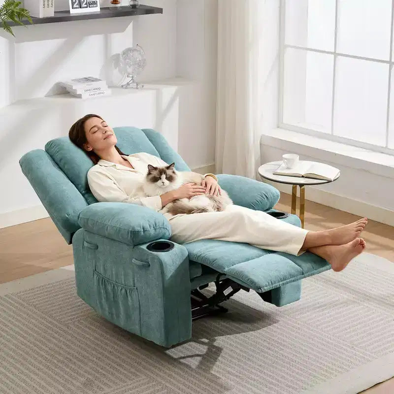 GustoWave Oversized Massage Recliner Chair with Heating for Adults, Fabric Manual Recliner Sofa with Side Pocket, Linen