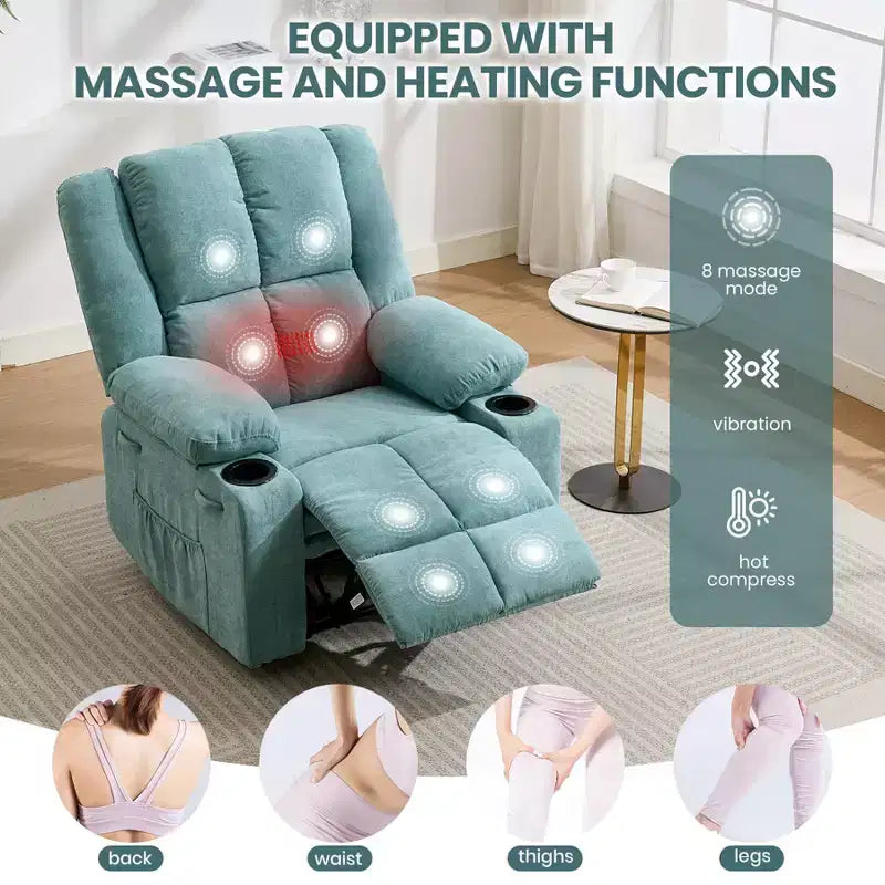 GustoWave Oversized Massage Recliner Chair with Heating for Adults, Fabric Manual Recliner Sofa with Side Pocket, Linen