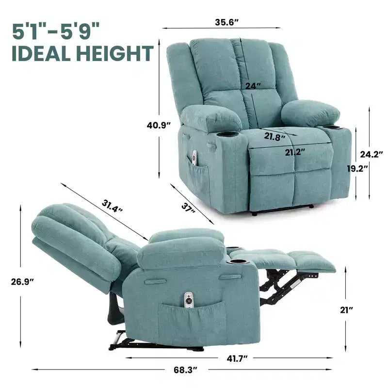 GustoWave Oversized Massage Recliner Chair with Heating for Adults, Fabric Manual Recliner Sofa with Side Pocket, Linen