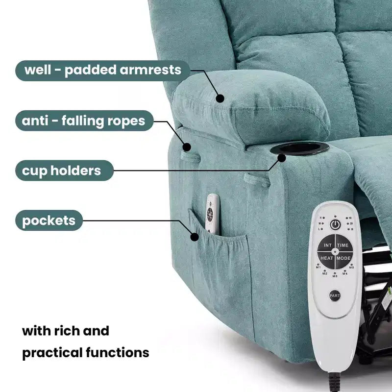 GustoWave Oversized Massage Recliner Chair with Heating for Adults, Fabric Manual Recliner Sofa with Side Pocket, Linen