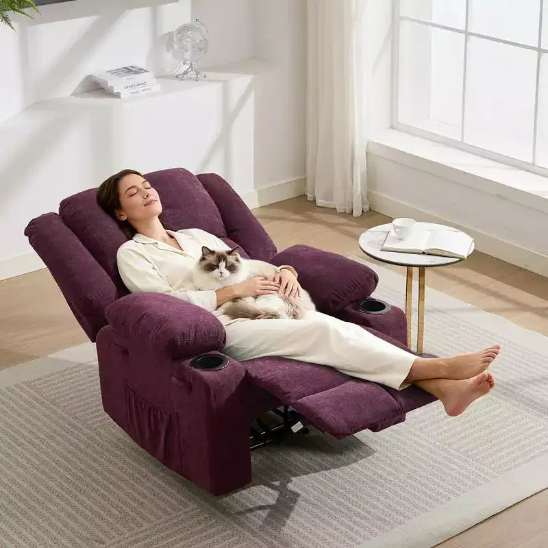 GustoWave Oversized Massage Recliner Chair with Heating for Adults, Fabric Manual Recliner Sofa with Side Pocket, Linen