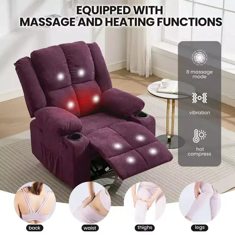 GustoWave Oversized Massage Recliner Chair with Heating for Adults, Fabric Manual Recliner Sofa with Side Pocket, Linen