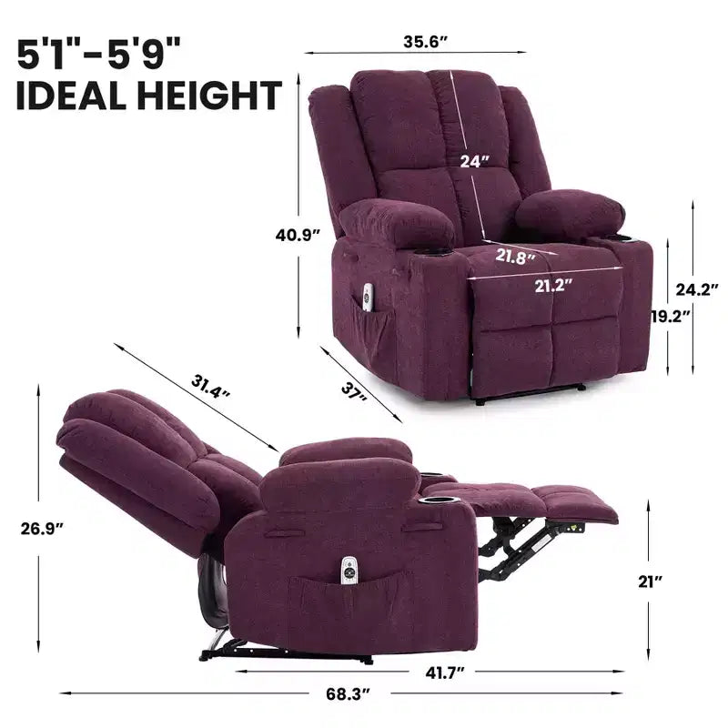 GustoWave Oversized Massage Recliner Chair with Heating for Adults, Fabric Manual Recliner Sofa with Side Pocket, Linen