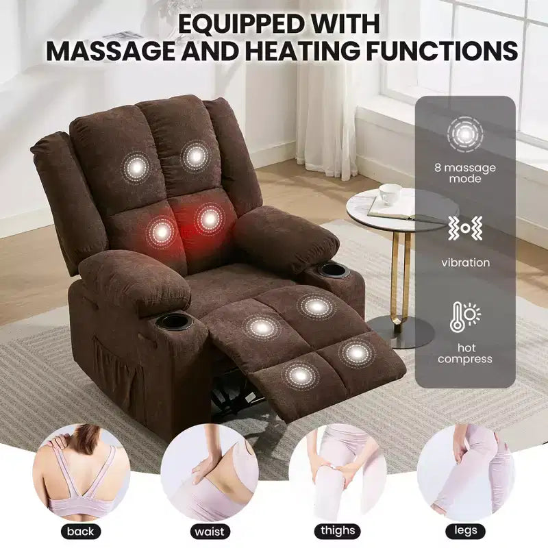 GustoWave Oversized Massage Recliner Chair with Heating for Adults, Fabric Manual Recliner Sofa with Side Pocket, Linen
