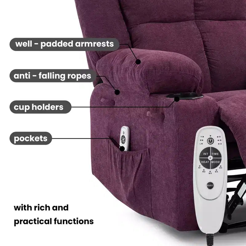 GustoWave Oversized Massage Recliner Chair with Heating for Adults, Fabric Manual Recliner Sofa with Side Pocket, Linen