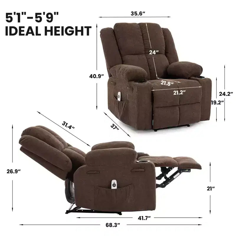 GustoWave Oversized Massage Recliner Chair with Heating for Adults, Fabric Manual Recliner Sofa with Side Pocket, Linen