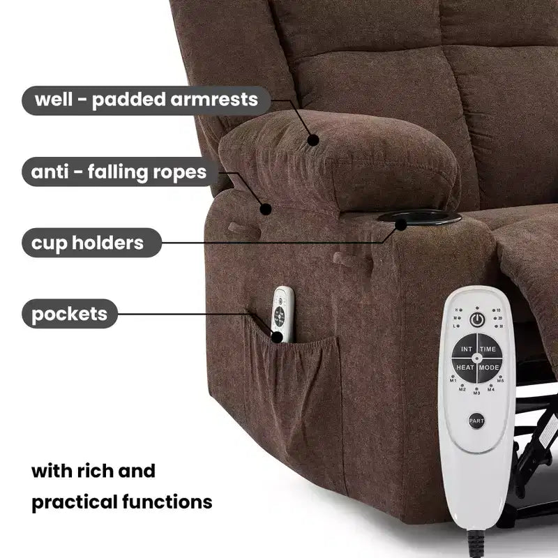 GustoWave Oversized Massage Recliner Chair with Heating for Adults, Fabric Manual Recliner Sofa with Side Pocket, Linen