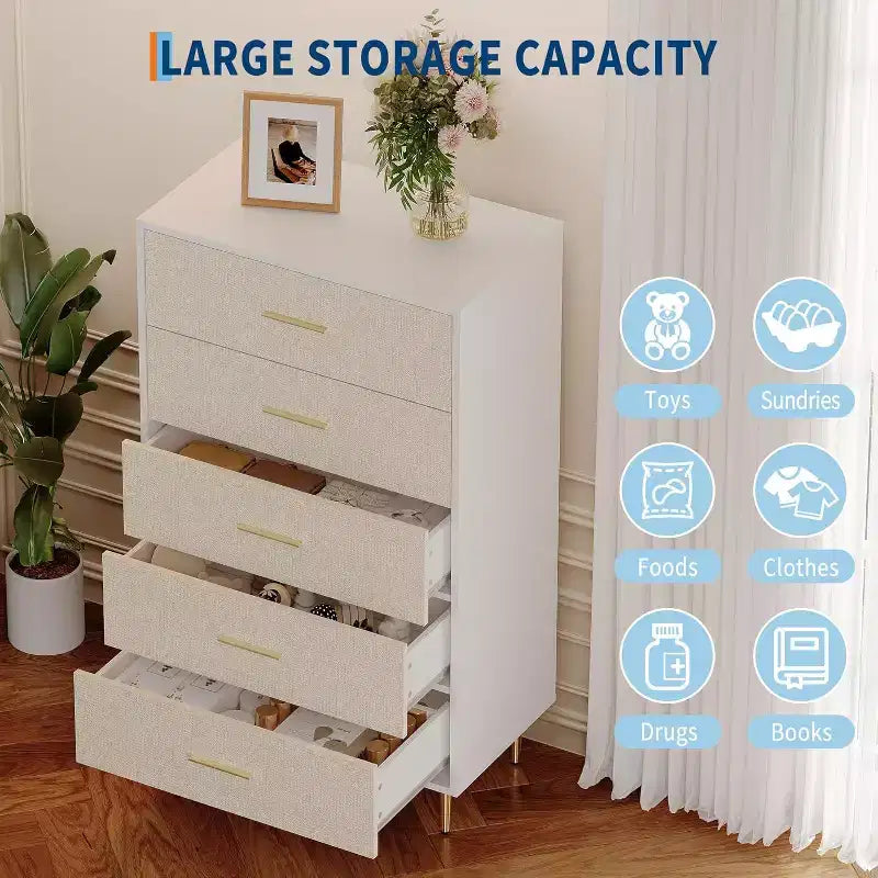 Modern White Dresser for Bedroom, Slim Drawer Dresser,Tall Narrow Chest of Drawers, Wooden Chest of Drawer with Metal Legs,(5drawers)