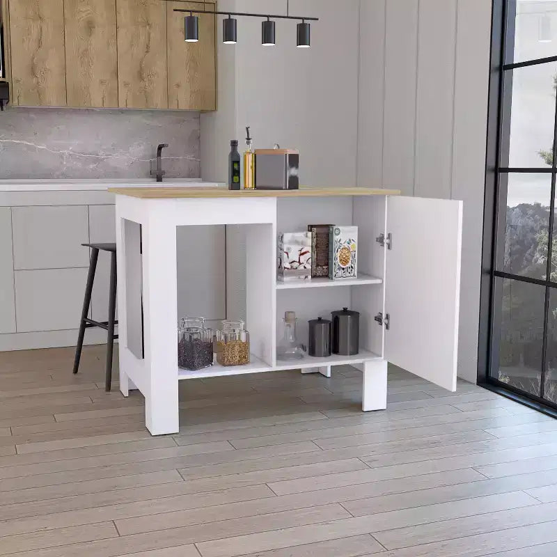 Okak Kitchen Island with Storage Cabinet Door, Countertop Organizer with 2 Internal Shelves and 1 Open Shelf, Small Kitchen Island for Kitchen, White