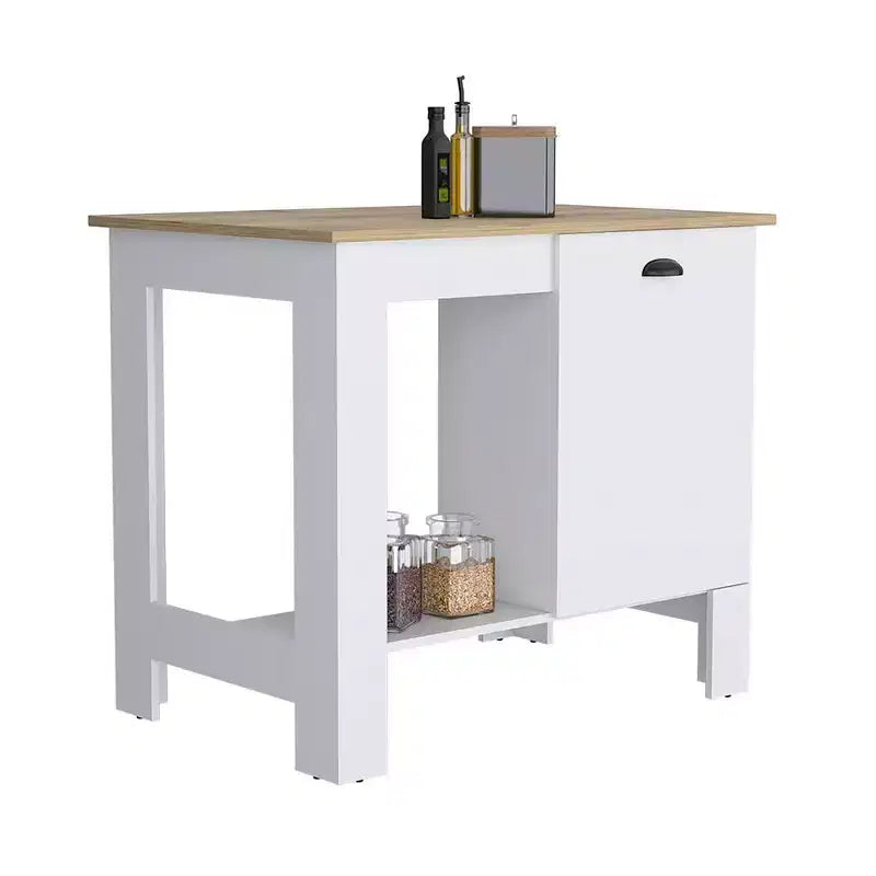 Okak Kitchen Island with Storage Cabinet Door, Countertop Organizer with 2 Internal Shelves and 1 Open Shelf, Small Kitchen Island for Kitchen, White