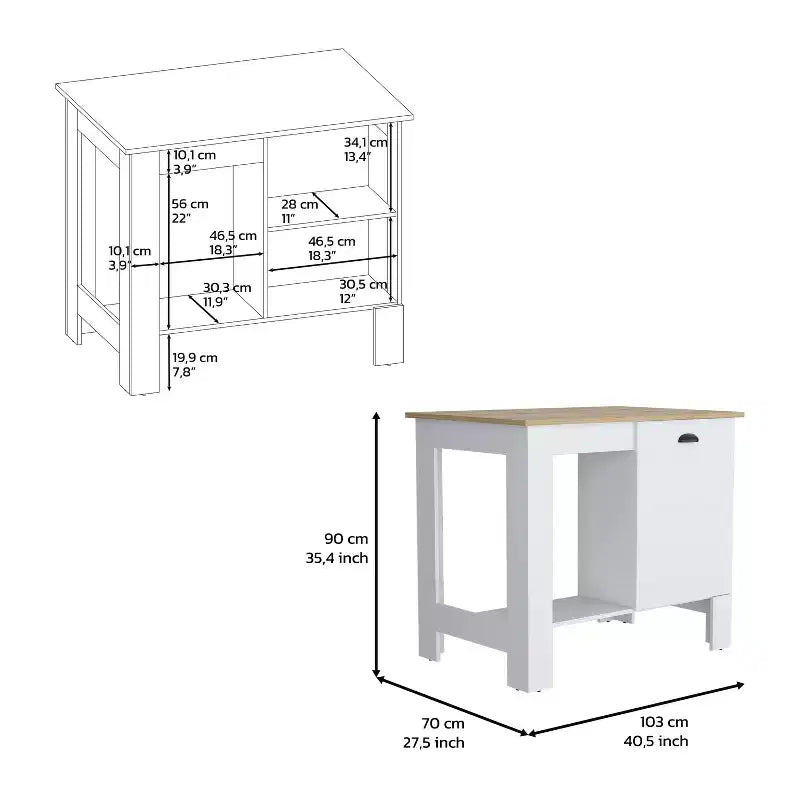 Okak Kitchen Island with Storage Cabinet Door, Countertop Organizer with 2 Internal Shelves and 1 Open Shelf, Small Kitchen Island for Kitchen, White