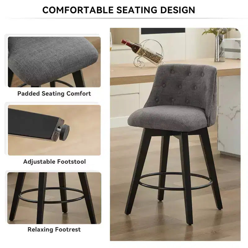 Okak 25 Modern Swivel Bar Stools Counter Height Set of 2, Upholstery Bar Chairs with Backrest&Footrest for Kitchen Island, Cafe