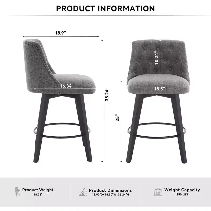 Okak 25 Modern Swivel Bar Stools Counter Height Set of 2, Upholstery Bar Chairs with Backrest&Footrest for Kitchen Island, Cafe