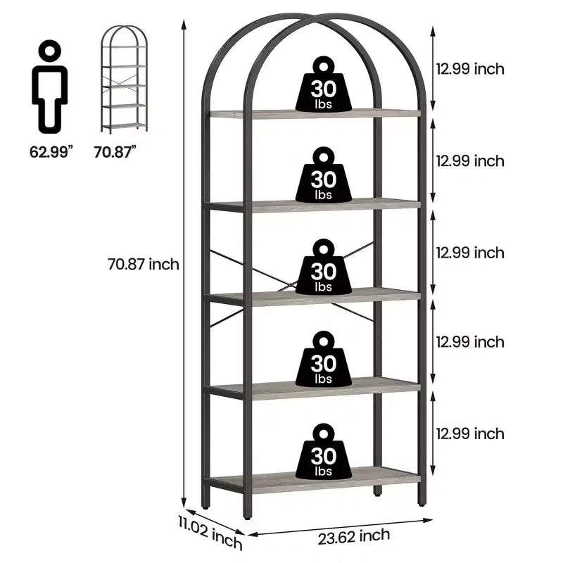 5-Tier Open Bookshelf with Arched Design & Metal Frame -70.8 Tall Freestanding Display Rack Organizer for Living Room, Office, Bedroom