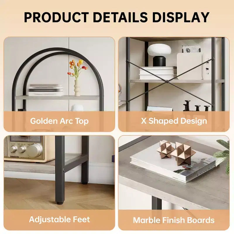 5-Tier Open Bookshelf with Arched Design & Metal Frame -70.8 Tall Freestanding Display Rack Organizer for Living Room, Office, Bedroom
