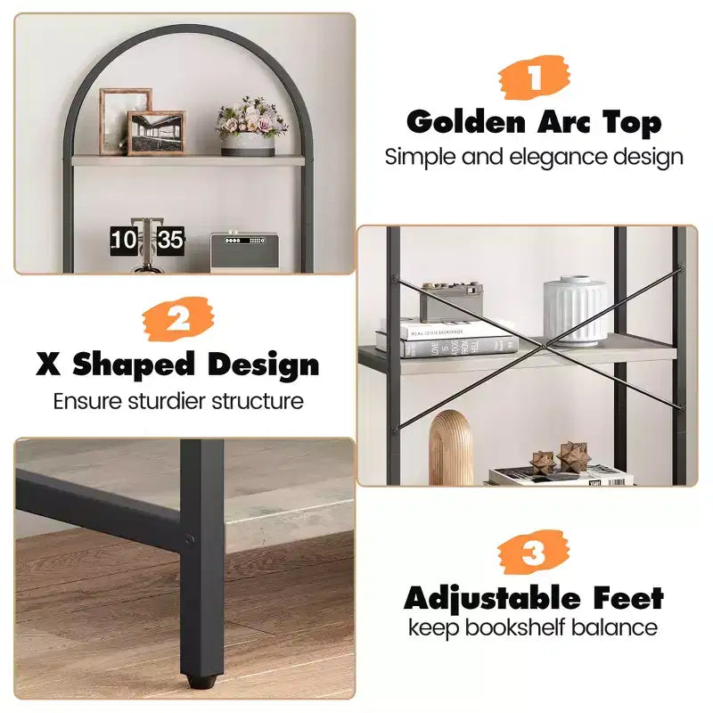 5-Tier Open Bookshelf with Arched Design & Metal Frame -70.8 Tall Freestanding Display Rack Organizer for Living Room, Office, Bedroom
