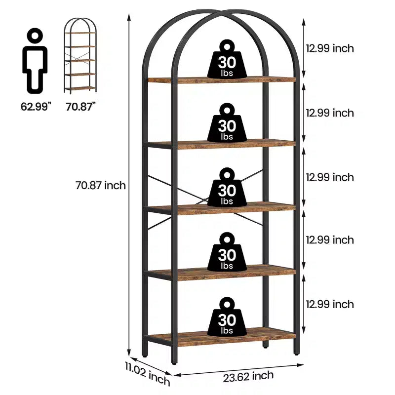 5-Tier Open Bookshelf with Arched Design & Metal Frame -70.8 Tall Freestanding Display Rack Organizer for Living Room, Office, Bedroom