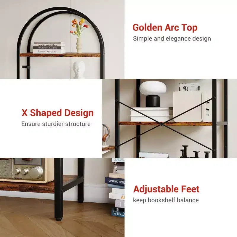5-Tier Open Bookshelf with Arched Design & Metal Frame -70.8 Tall Freestanding Display Rack Organizer for Living Room, Office, Bedroom