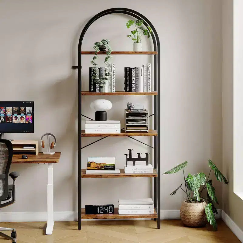 5-Tier Open Bookshelf with Arched Design & Metal Frame -70.8 Tall Freestanding Display Rack Organizer for Living Room, Office, Bedroom