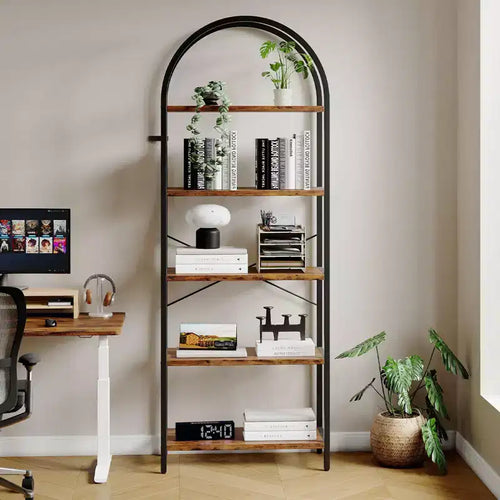5-Tier Open Bookshelf with Arched Design & Metal Frame -70.8 Tall Freestanding Display Rack Organizer for Living Room, Office, Bedroom