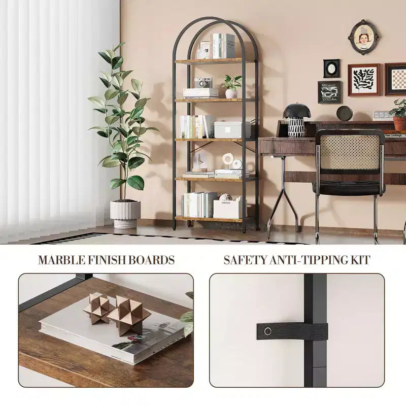 5-Tier Open Bookshelf with Arched Design & Metal Frame -70.8 Tall Freestanding Display Rack Organizer for Living Room, Office, Bedroom
