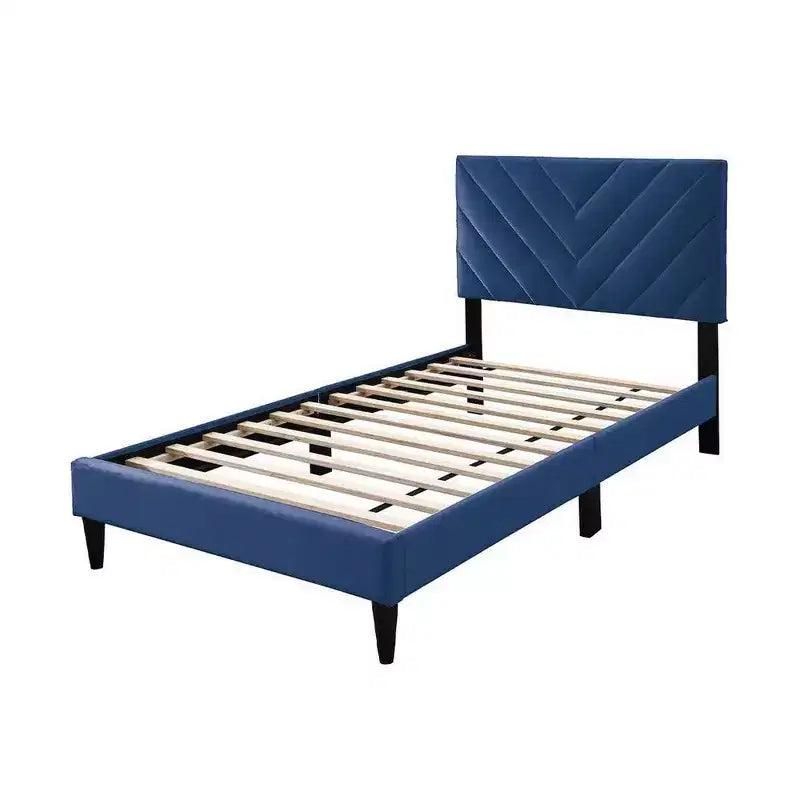 Royal Hampton Twin Bed, Tufted Navy Blue Velvet Upholstery, Chevron Stitch