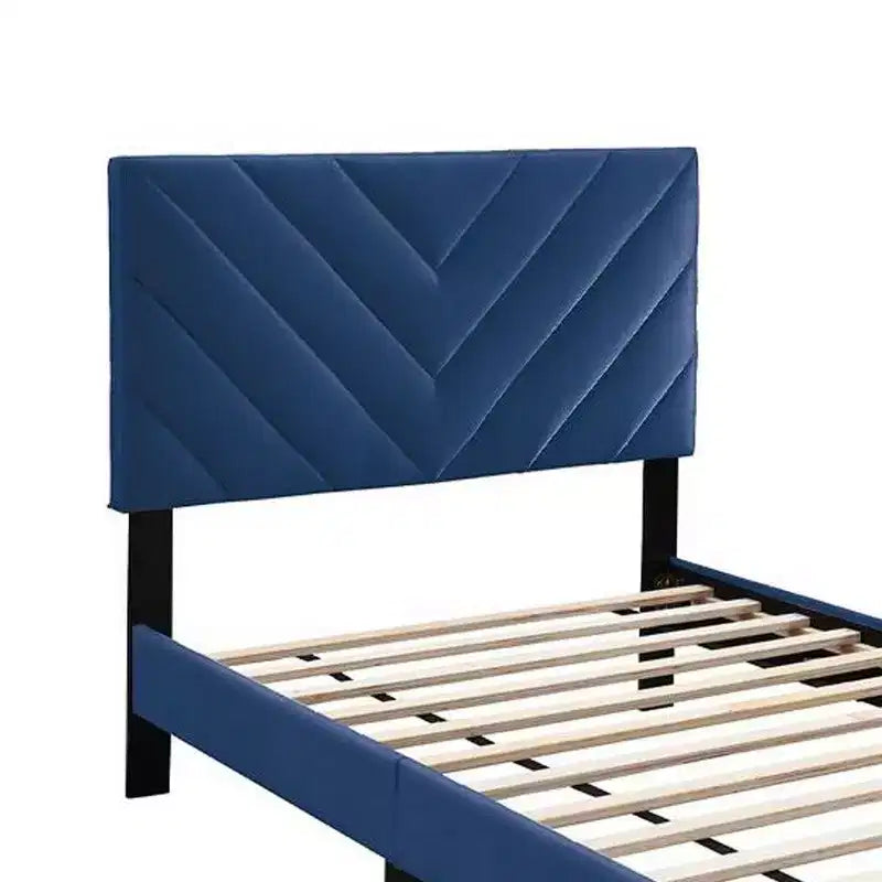 Royal Hampton Twin Bed, Tufted Navy Blue Velvet Upholstery, Chevron Stitch