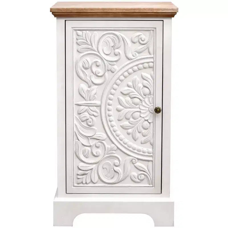 eHemco Ornate Floral Carved End Table with Storage, 18 x 14 x 30.5 Inches, Retro Style Living Room Furniture, Natural and White