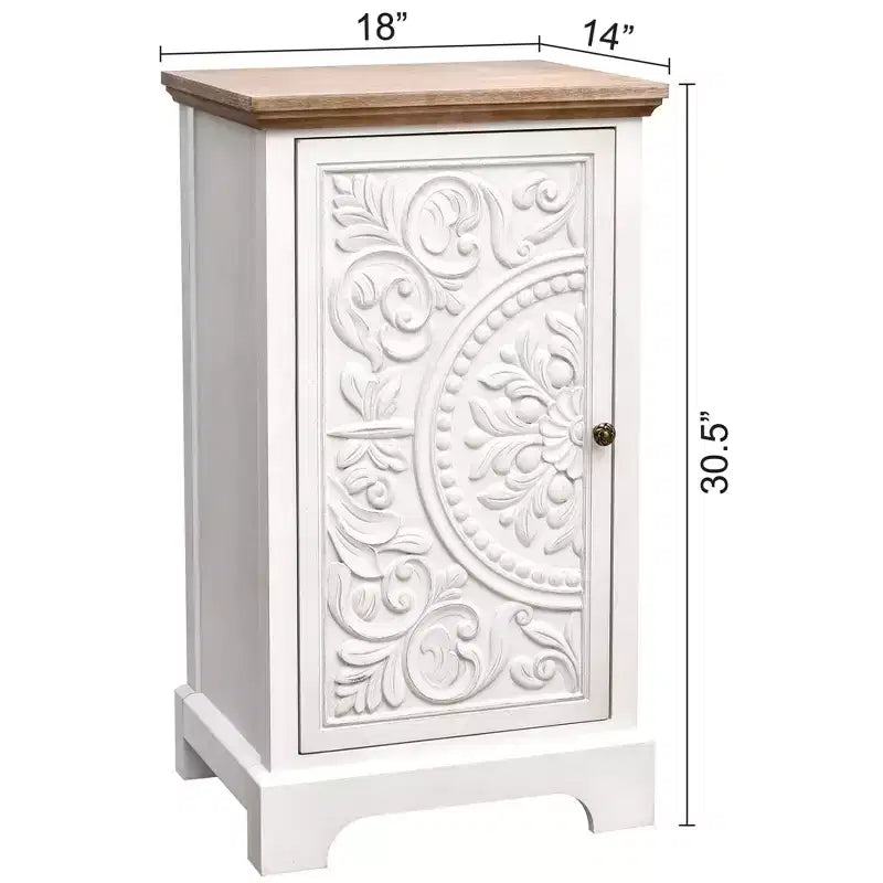 eHemco Ornate Floral Carved End Table with Storage, 18 x 14 x 30.5 Inches, Retro Style Living Room Furniture, Natural and White