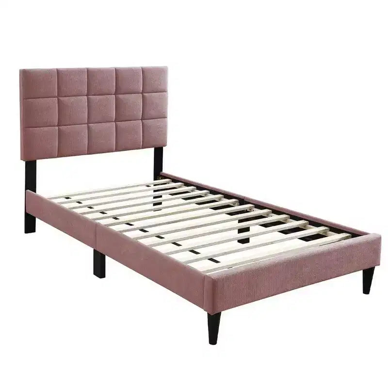 Royal Hampton Twin Bed, Tufted Pink Linen Upholstery, Biscuit Tufted Stitch