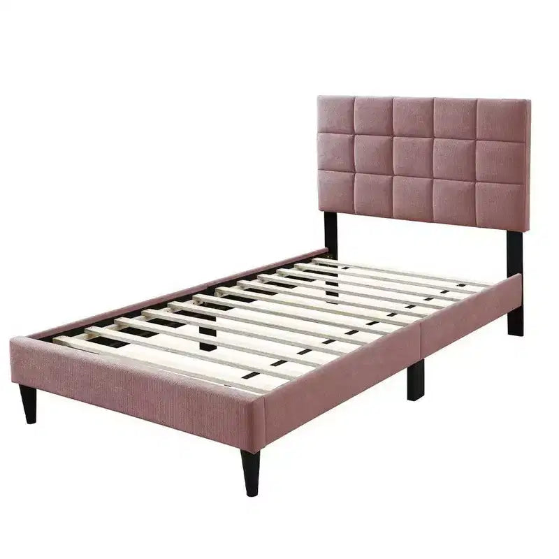 Royal Hampton Twin Bed, Tufted Pink Linen Upholstery, Biscuit Tufted Stitch