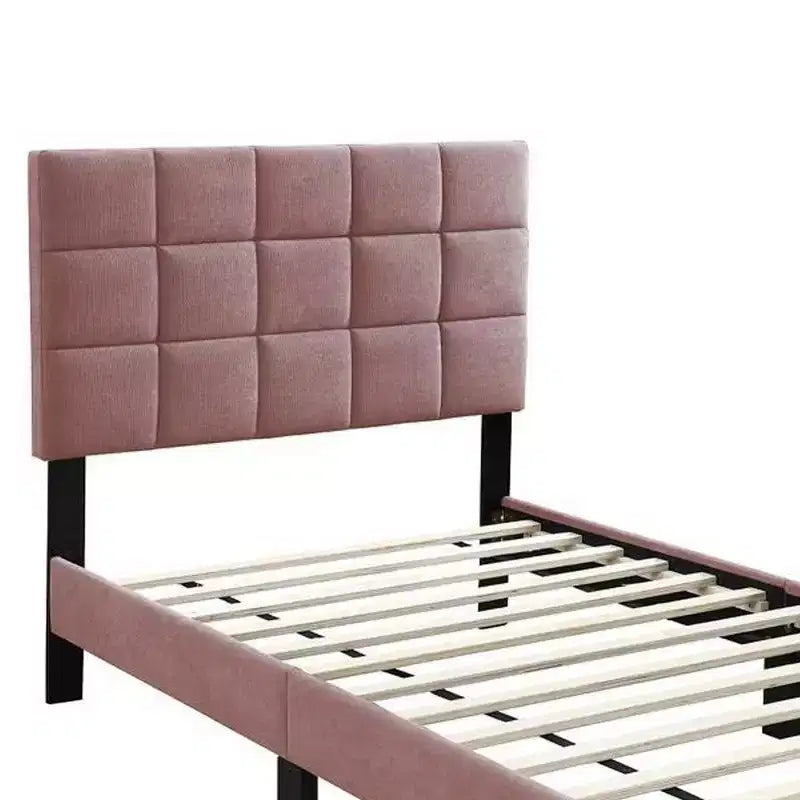 Royal Hampton Twin Bed, Tufted Pink Linen Upholstery, Biscuit Tufted Stitch