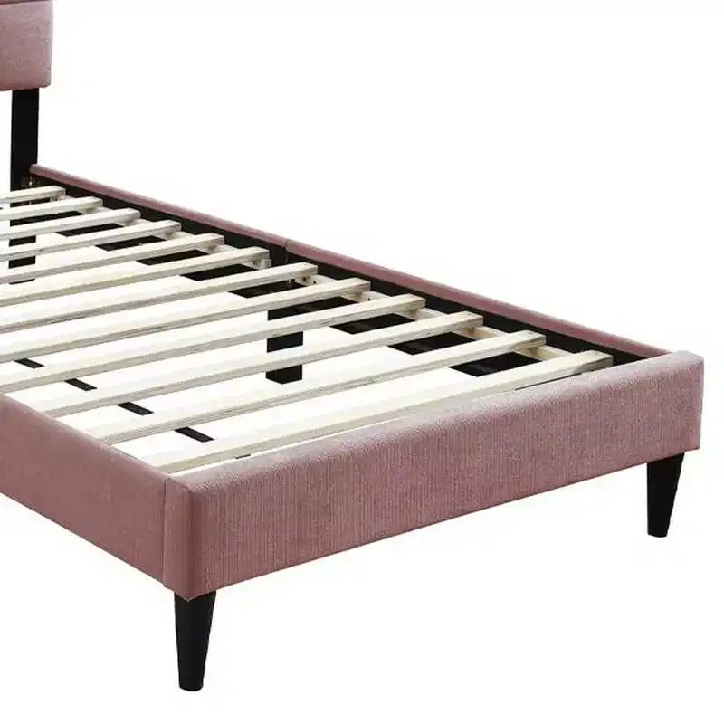 Royal Hampton Twin Bed, Tufted Pink Linen Upholstery, Biscuit Tufted Stitch
