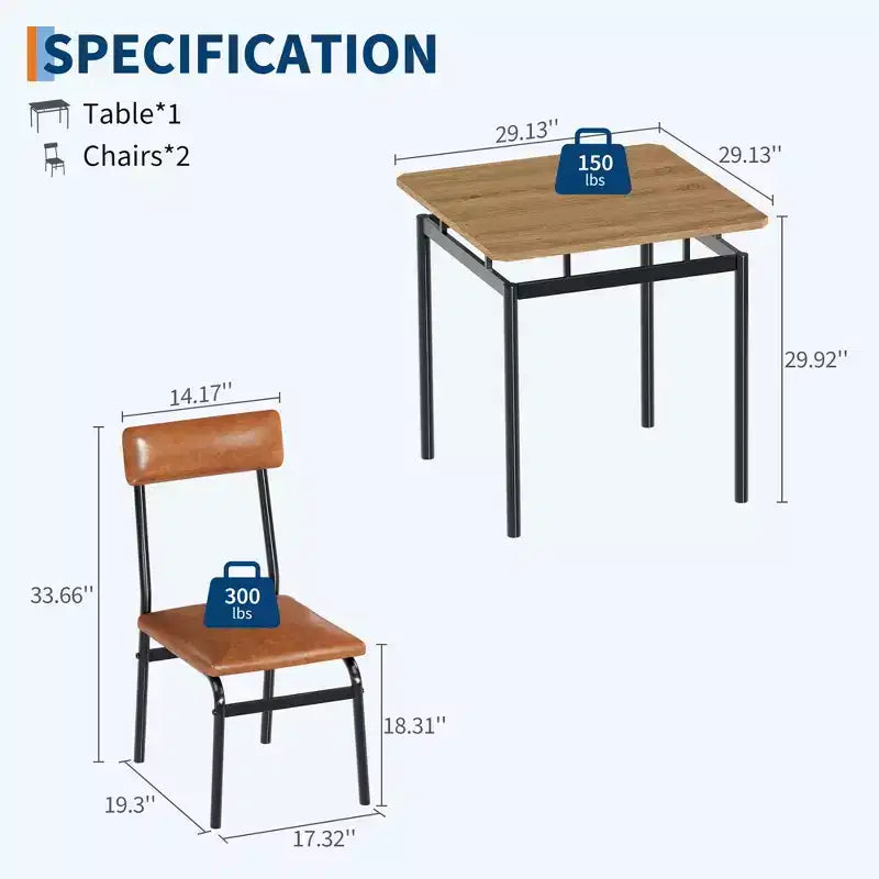 Industrial Dining Table Set for 2, Wooden Kitchen Table Set, Farmhouse Breakfast Nook Furniture Set, for Dining Room, Apartment, Studio