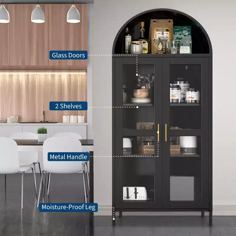 73 Arched Pantry Cabinet - Modern Farmhouse Glass Door Cupboard with 2 Adjustable Shelves, Freestanding Display Bookcase for Kitchen, Dining