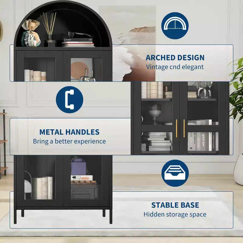 73 Arched Pantry Cabinet - Modern Farmhouse Glass Door Cupboard with 2 Adjustable Shelves, Freestanding Display Bookcase for Kitchen, Dining