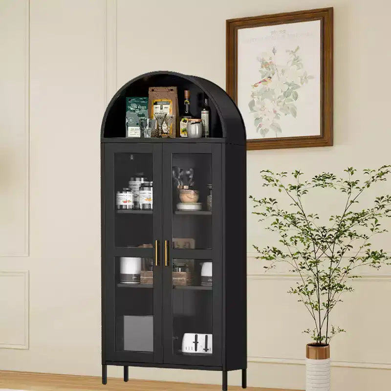 73 Arched Pantry Cabinet - Modern Farmhouse Glass Door Cupboard with 2 Adjustable Shelves, Freestanding Display Bookcase for Kitchen, Dining