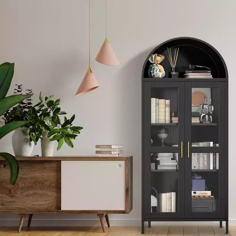 73 Arched Pantry Cabinet - Modern Farmhouse Glass Door Cupboard with 2 Adjustable Shelves, Freestanding Display Bookcase for Kitchen, Dining