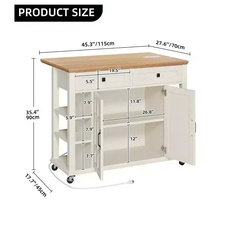 Rolling Kitchen Island Cart with Folding Drop Leaf & Power Outlets Kitchen Storage Cart with Drawers with Adjustable Shelves, Beige