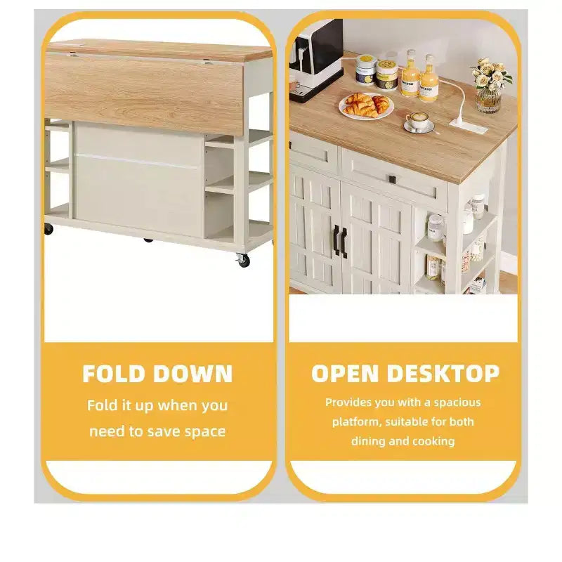 Rolling Kitchen Island Cart with Folding Drop Leaf & Power Outlets Kitchen Storage Cart with Drawers with Adjustable Shelves, Beige