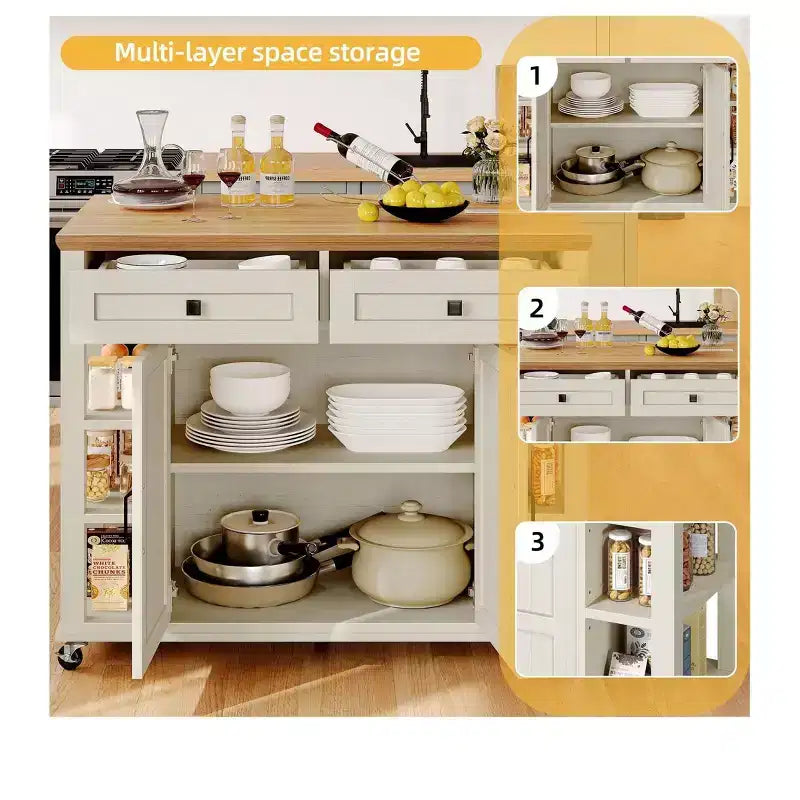 Rolling Kitchen Island Cart with Folding Drop Leaf & Power Outlets Kitchen Storage Cart with Drawers with Adjustable Shelves, Beige