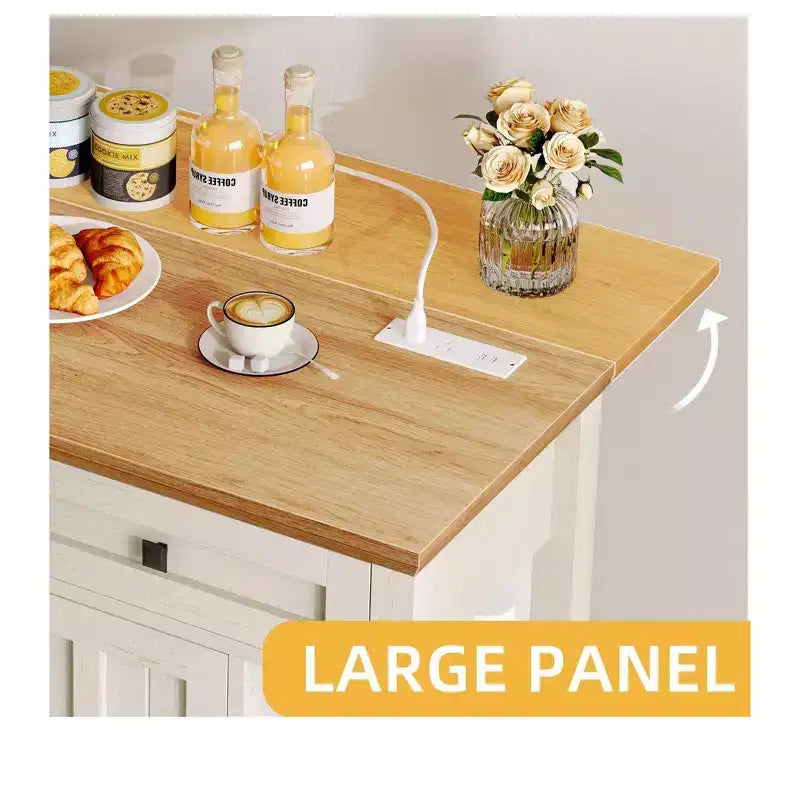 Rolling Kitchen Island Cart with Folding Drop Leaf & Power Outlets Kitchen Storage Cart with Drawers with Adjustable Shelves, Beige