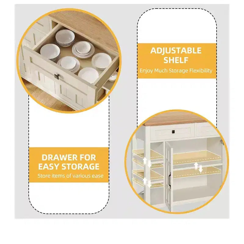 Rolling Kitchen Island Cart with Folding Drop Leaf & Power Outlets Kitchen Storage Cart with Drawers with Adjustable Shelves, Beige